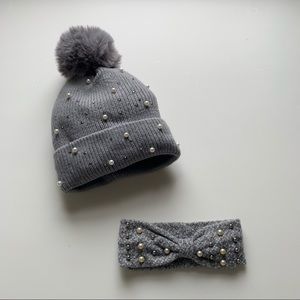 Boutique Gray, White & Silver Faux Pearl Women's Hat & Headband